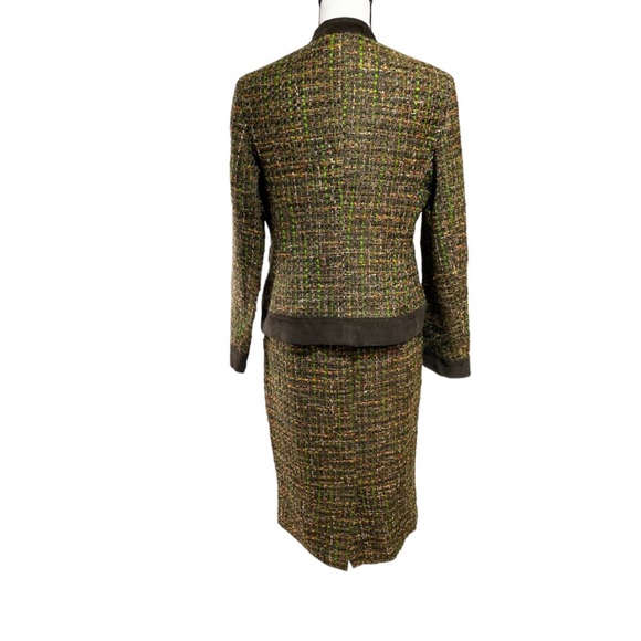 TALBOTS Ladies Brown Tweed with Leather Trim Skirt Suit 6 top 8 bottom - Picture 2 of 9